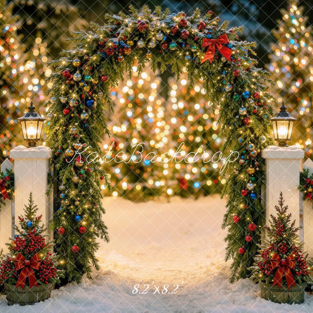 Kate Christmas Night Garland Arch Fence Glow Trees Printed Backdrop Designed by Mini MakeBelieve