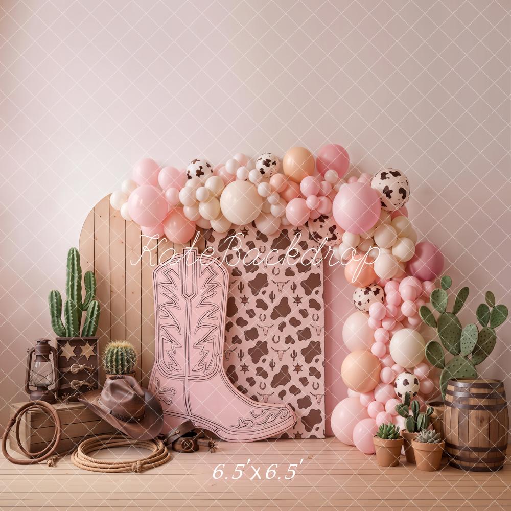 Kate Cake Smash Cowgirl Boot Cow Cactus Pink Printed Backdrop Designed by Chain Photography