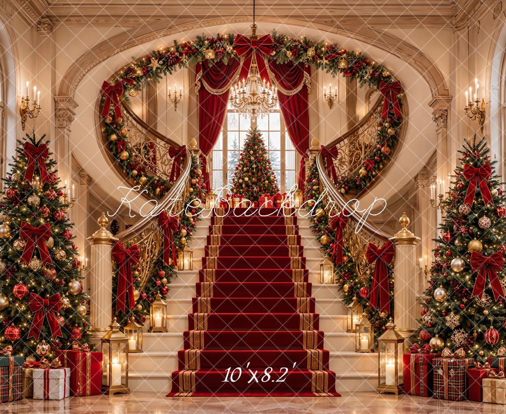 Kate Christmas Cascading Stairs Palace Red Carpet Luxury Trees Printed Backdrop Designed by Emetselch