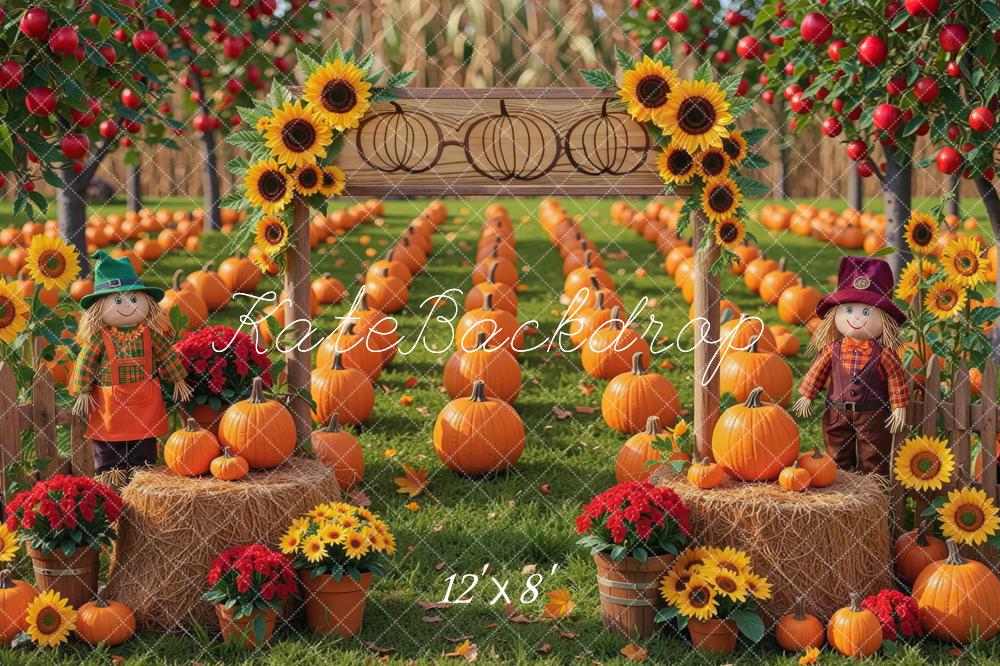 Kate Fall Pumpkin Field Sunflowers Scarecrows Hay Bales Printed Backdrop Designed by Mini MakeBelieve