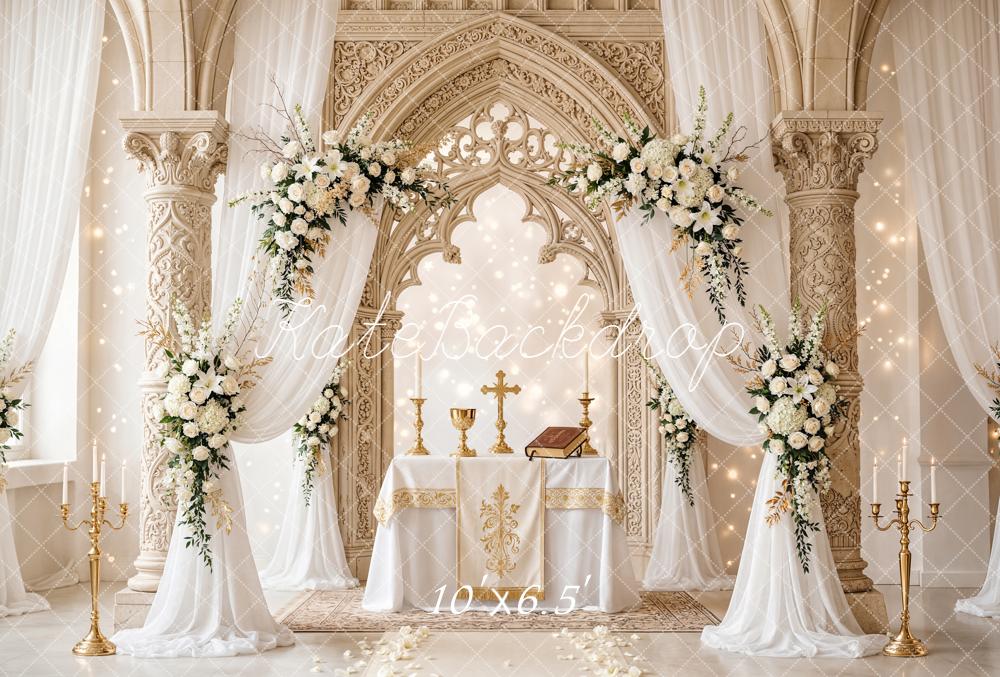 Kate Mother's Day Floral Arch Ornate Columns Altar Printed Backdrop Designed by Chain Photography