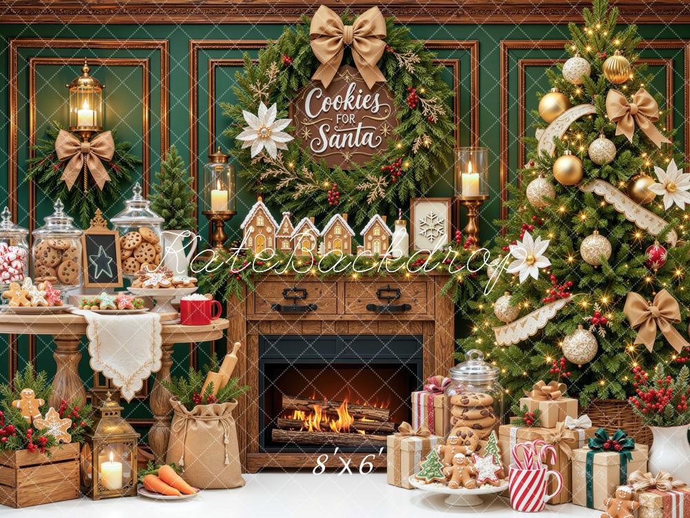 Kate Christmas Fireplace Cookies Tree Baking Green Printed Backdrop Designed by Mini MakeBelieve