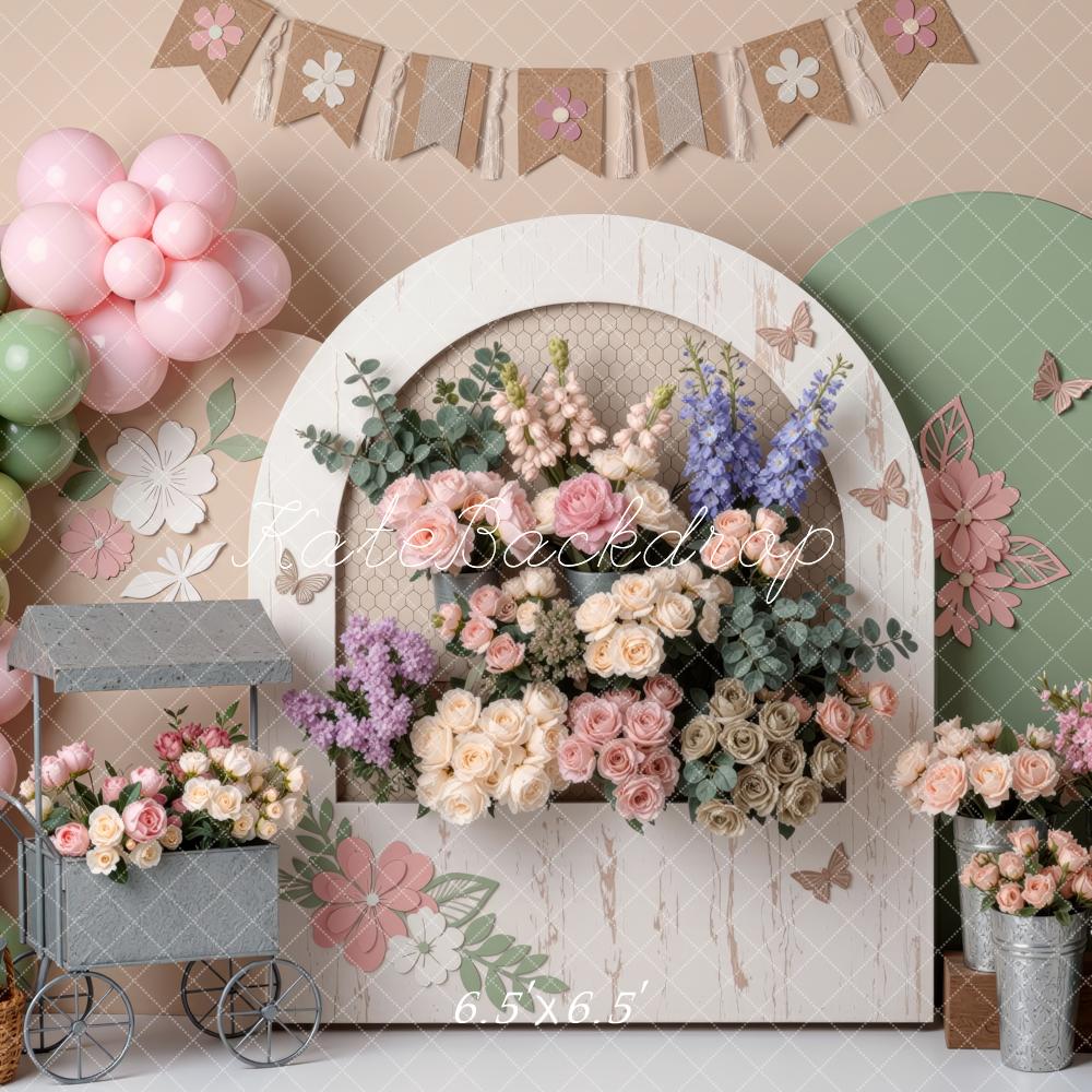 Kate Cake Smash Flower Arch Pastel Balloons Floral Bunting Printed Backdrop Designed by Mini MakeBelieve