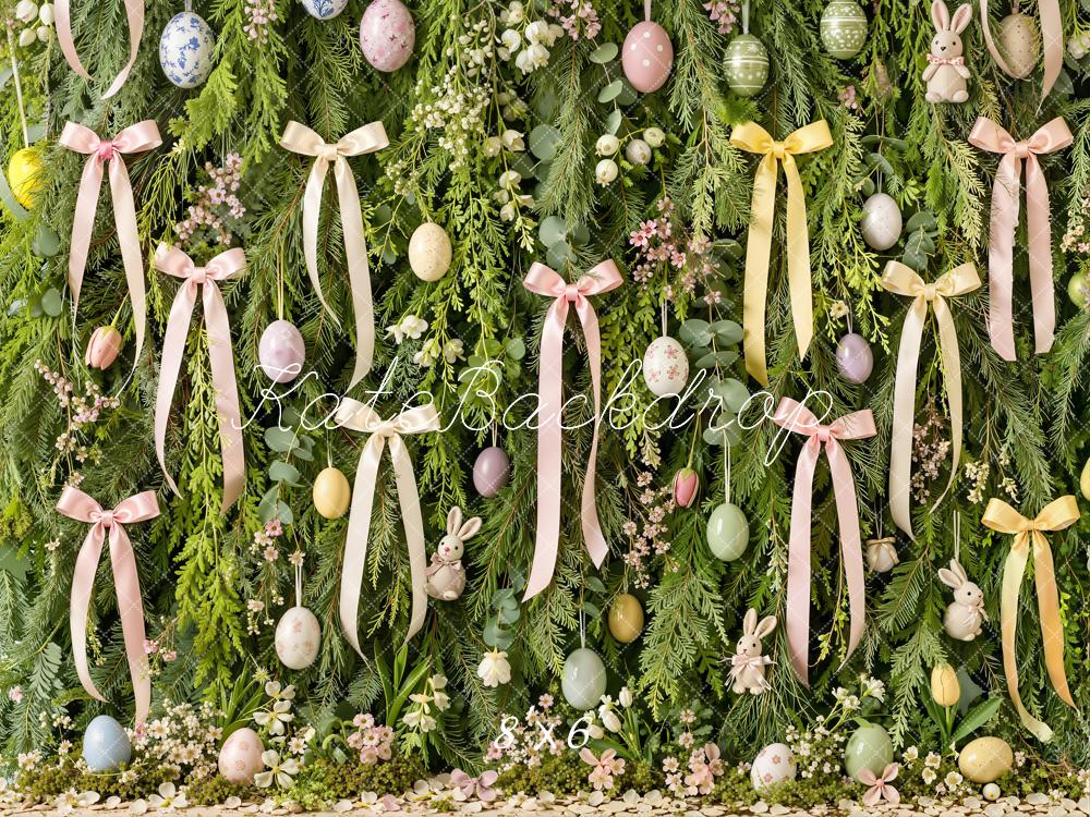 Kate Easter Bow Ribbon Bunny Floral Greenery Egg  Printed Backdrop Designed by Emetselch