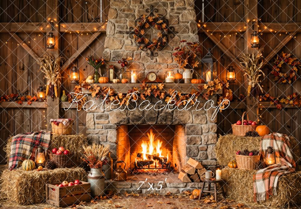 Kate Fall Rustic Stone Fireplace Harvest Wreath Printed Backdrop Designed by Patty Roberts
