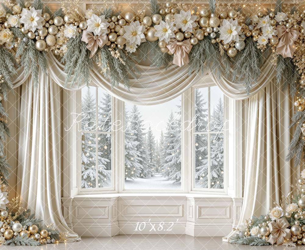 Kate Christmas Gold Floral Garland Drapes Window Snowy Printed Backdrop Designed by Mini MakeBelieve