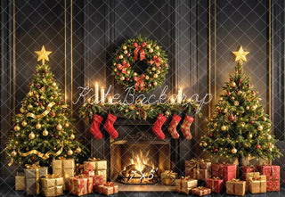 Kate Christmas Fireplace Tree Wreath Gifts Black Printed Backdrop Designed by Emetselch