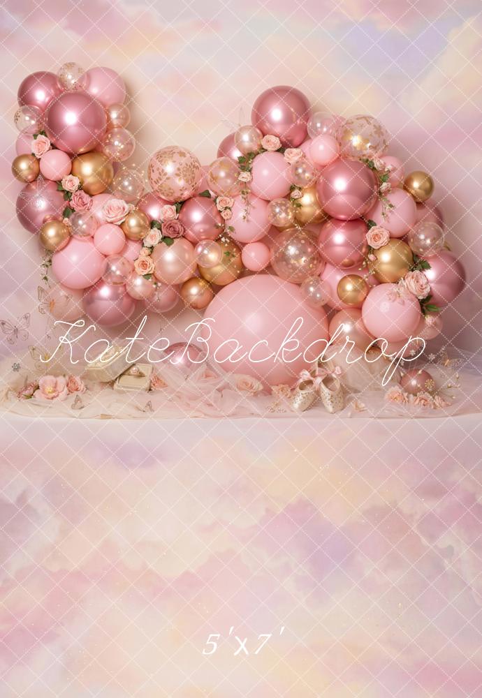 Kate Cake Smash Pink Balloon Garland Roses Pastel Printed Backdrop Designed by Emetselch