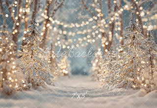 Kate Christmas Winter Snowy Trees Bokeh Lights Printed Backdrop Designed by Emetselch