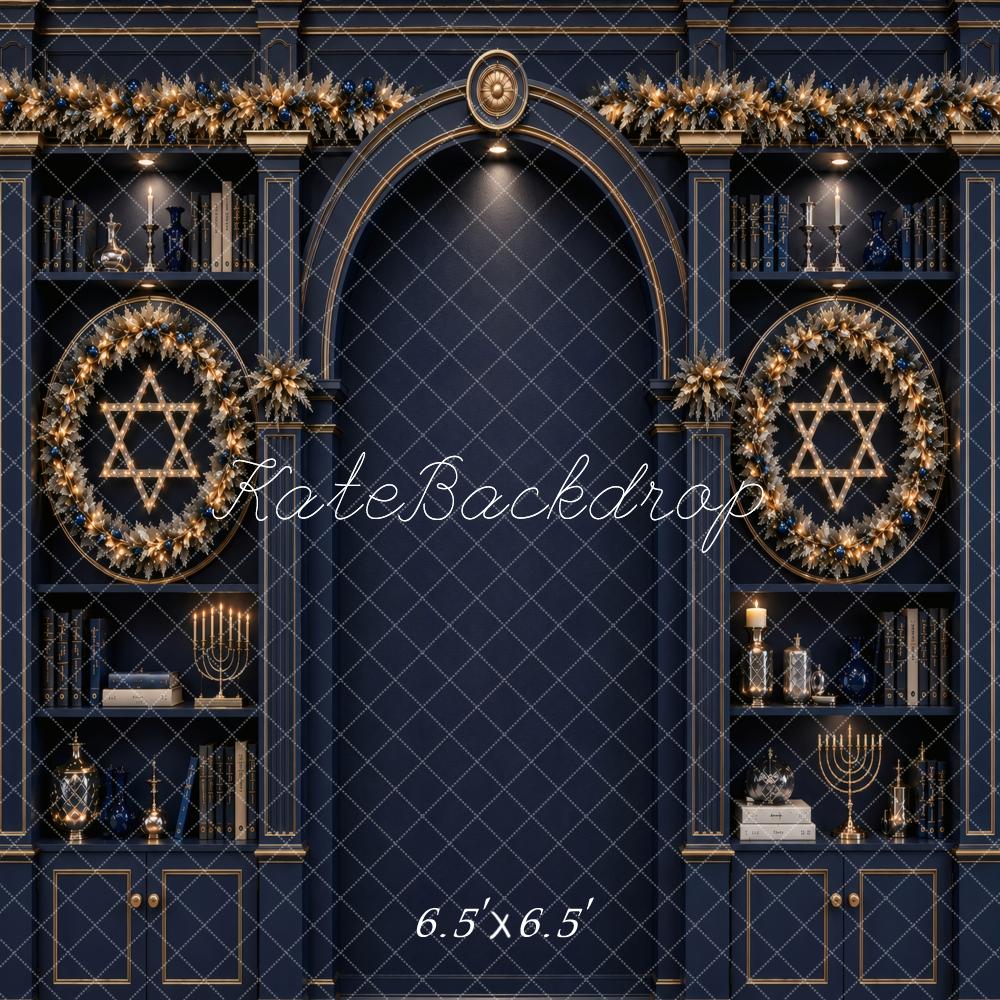 Kate Hanukkah Blue Bookshelf Arch Wreath Menorah Printed Backdrop Designed by Vertigo Productions