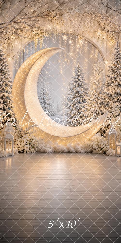 Kate Sweep Christmas Winter Moon Snowy Trees Fairy Lights Printed Backdrop Designed by Megan Leigh Photography