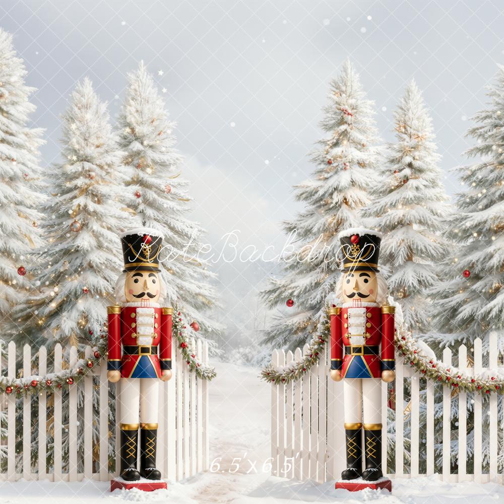 Kate Christmas Nutcracker Snowy Pine Trees White Fence Backdrop Designed by Emetselch