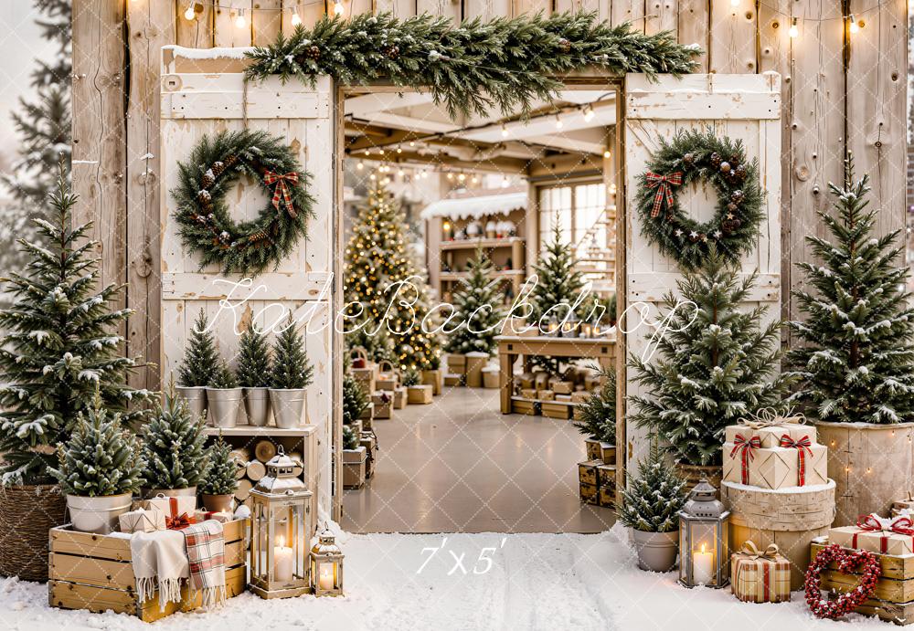 Kate Christmas Rustic Wood Cabin Door Evergreen Wreath Gifts Trees Printed Backdrop Designed by Emetselch