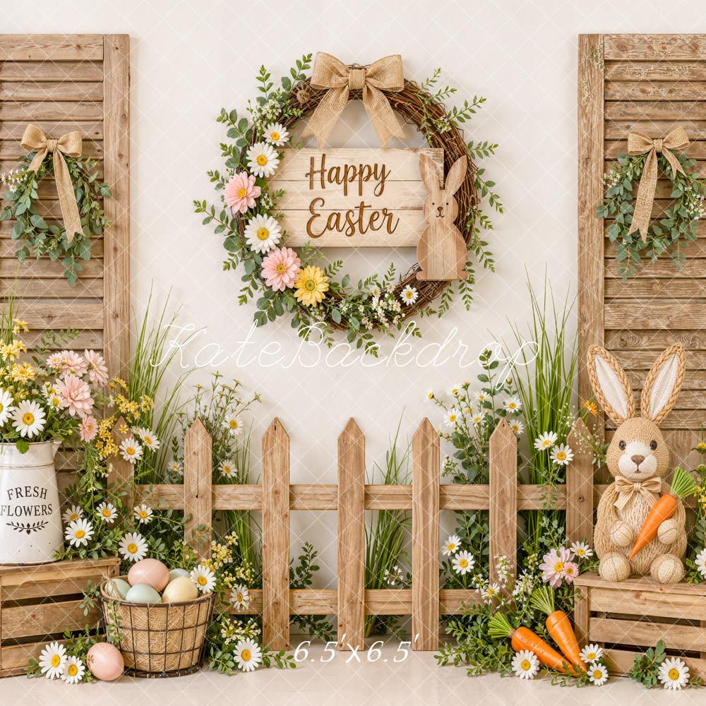 Kate Easter Rustic Garden Wood Fence Bunny Wrearth Printed Backdrop Designed by Emetselch