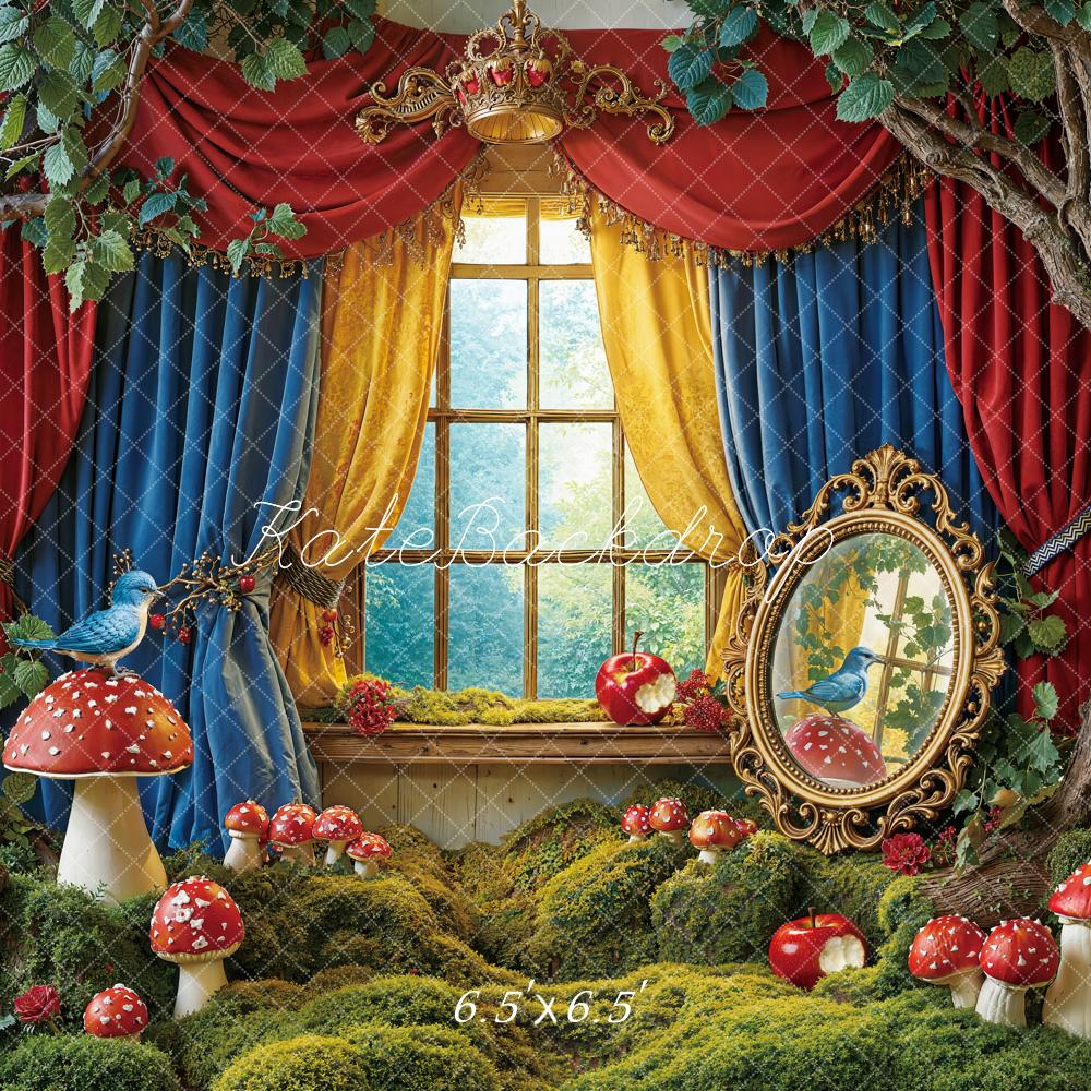 Kate Fairy Fantasy Forest Red Blue Yellow Curtains Mushroom Window Mirror Backdrop Designed by Emetselch