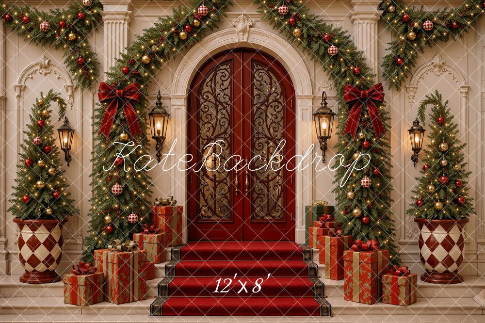 Kate Christmas Mansion Door Entryway Garland Trees Gifts Printed Backdrop Designed by Shutter Swan Studios