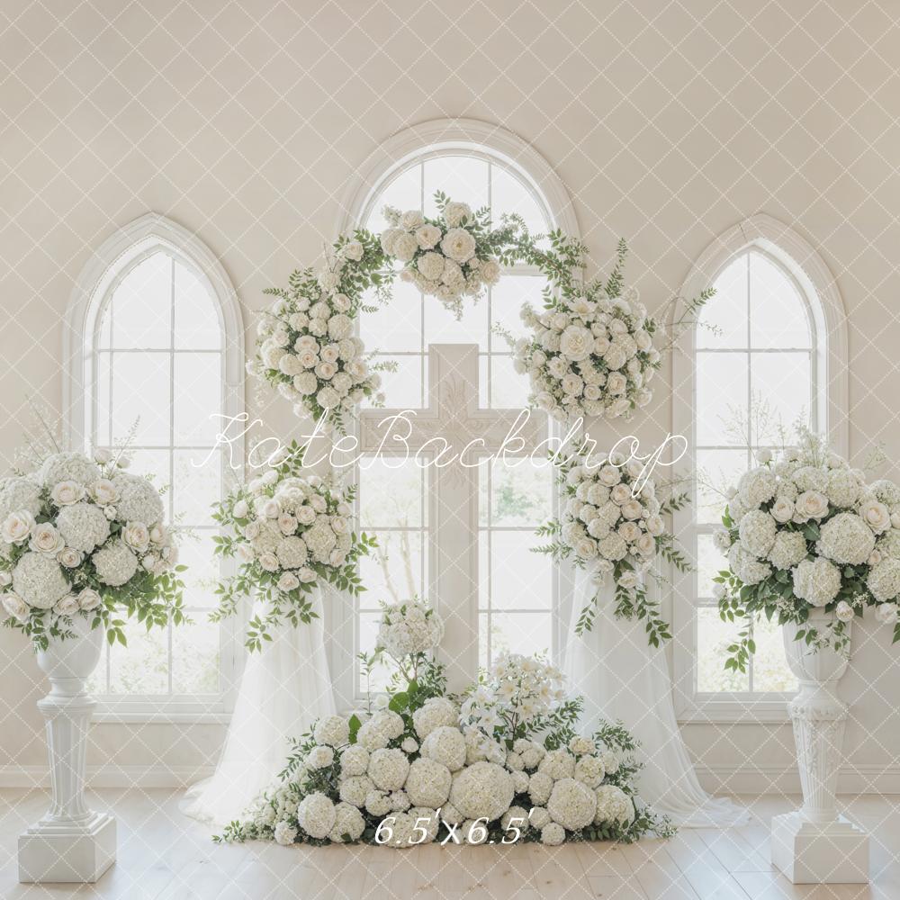 Kate Romantic Church White Flower Arch Cross Windows Printed Backdrop Designed by Emetselch