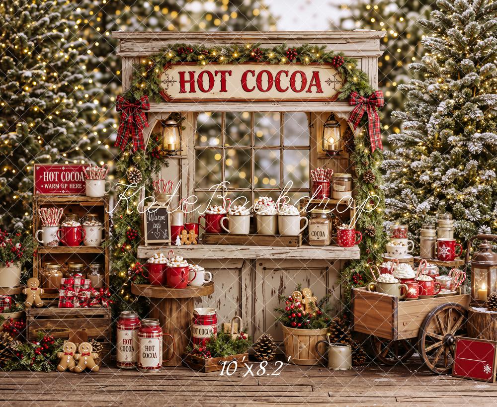 Kate Christmas Hot Cocoa Stand Mugs Shelves Cart Forest Printed Backdrop Designed by Emetselch