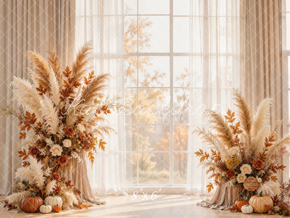 Kate Fall Pampas Floral Pumpkin Window Printed Backdrop Designed by Emetselch