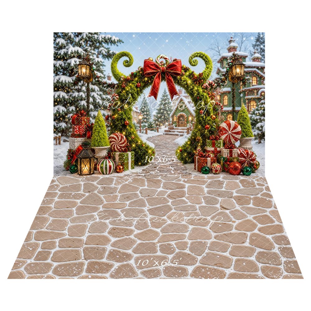 Kate Christmas Fantasy Green Arch Peppermint Presents Snow Village Printed Backdrop+Beige Cobblestone Wall Texture Printed Backdrop