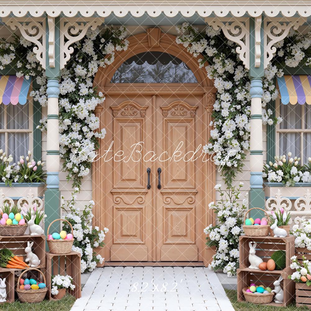 Kate Easter Bunny Eggs Floral Porch Printed Backdrop Designed by Mini MakeBelieve