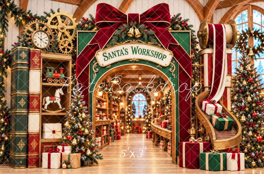 Kate Christmas Santa's Workshop Bow Arch Gifts Printed Backdrop Designed by Emetselch