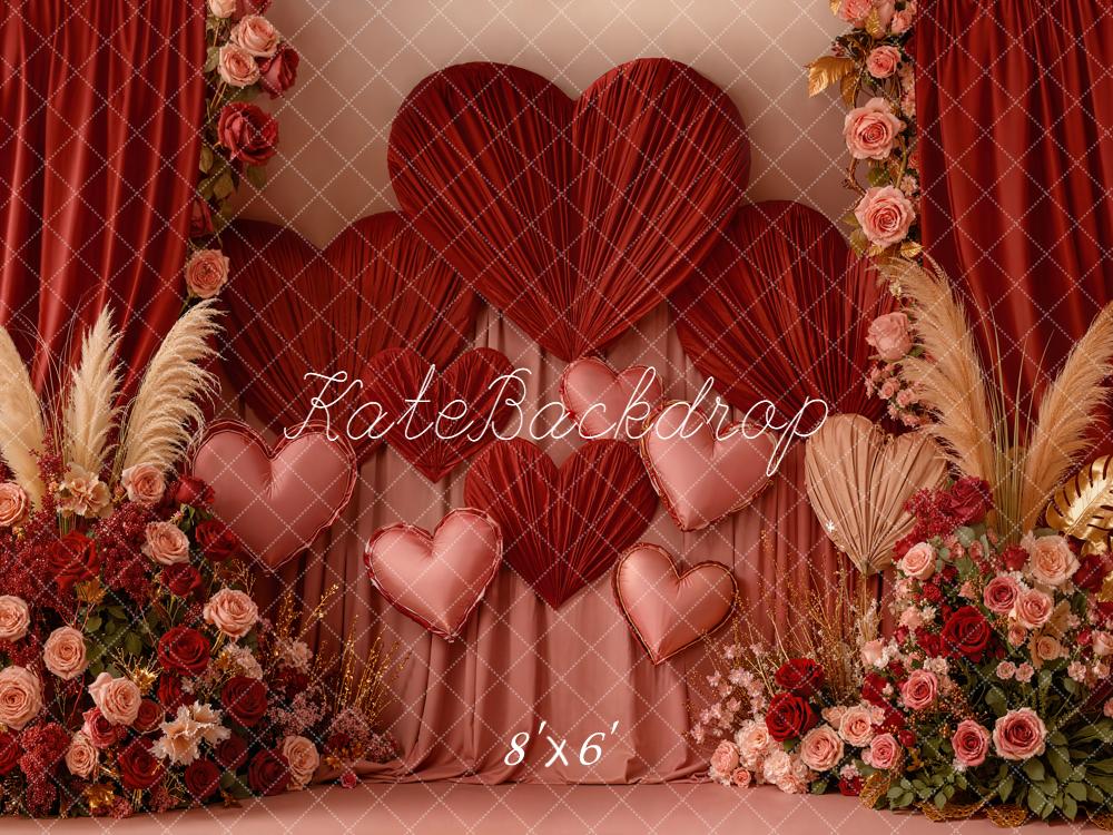 Kate Valentine's Day Red Hearts Roses Pampas Grass Backdrop Designed by Emetselch