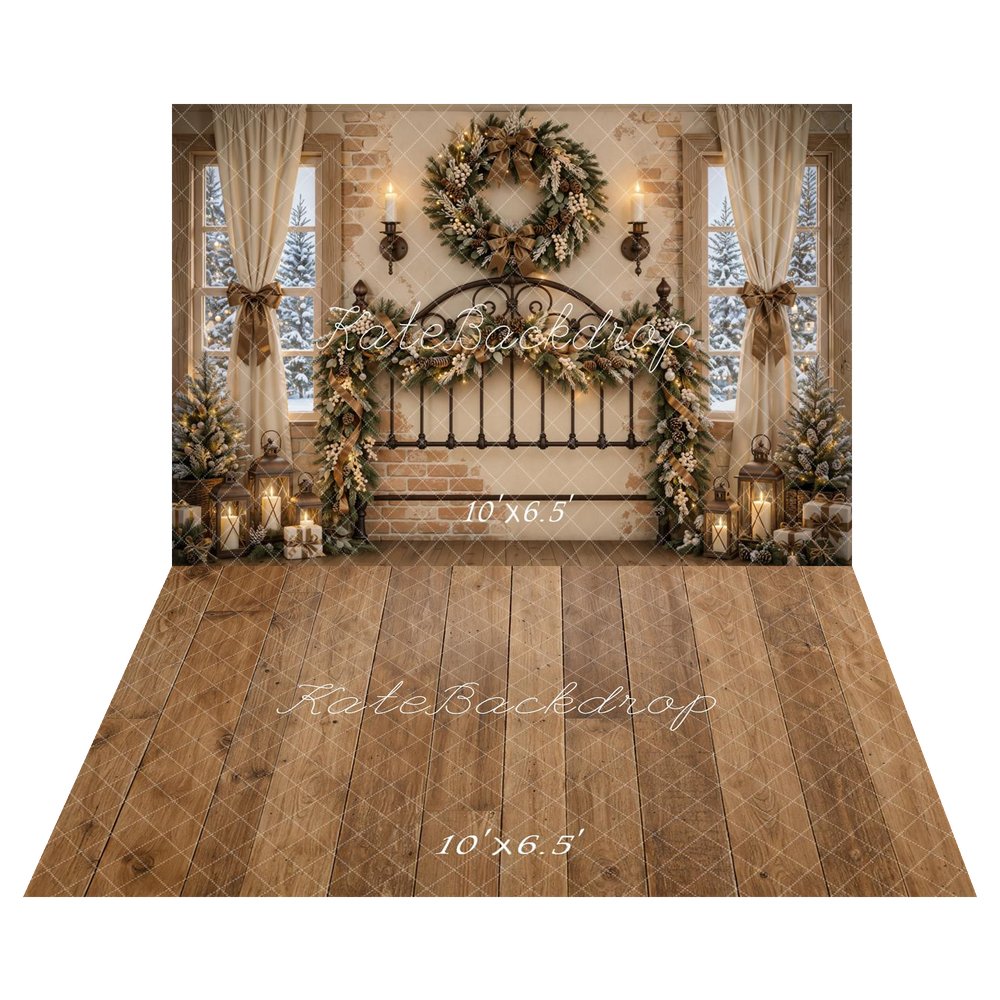 Kate Christmas Wrought Iron Headboard Wreath Garland Window Printed Backdrop+Rustic Brown Wood Floor Printed Backdrop