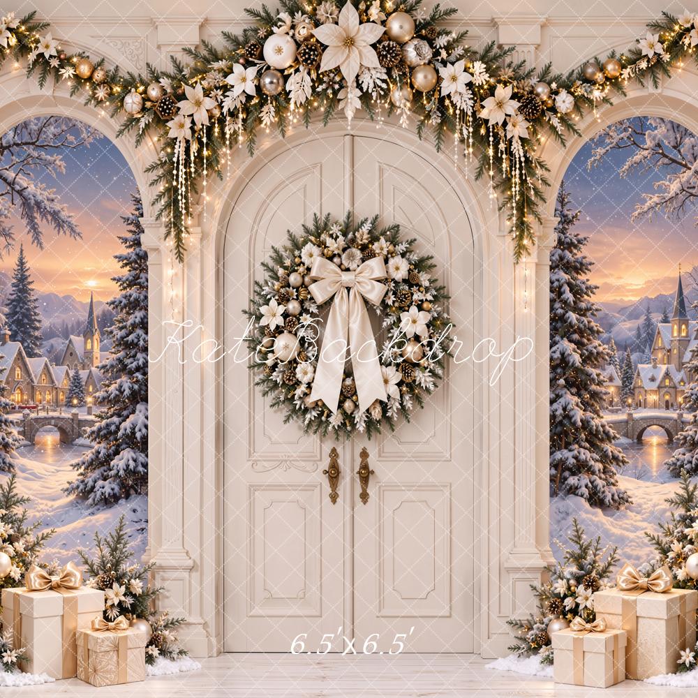 Kate Christmas Arch Door Snowy Village Wreath Trees Printed Backdrop Designed by Emetselch
