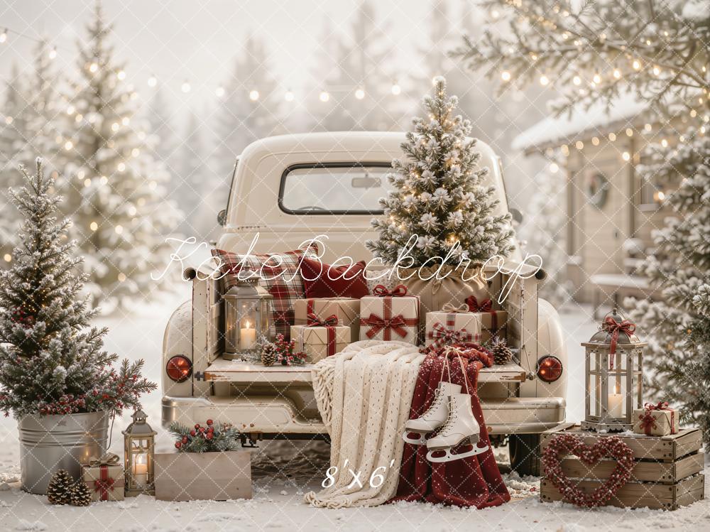 Kate Christmas Vintage White Truck Tree Gifts Ice Skates Snow Printed Backdrop Designed by Emetselch