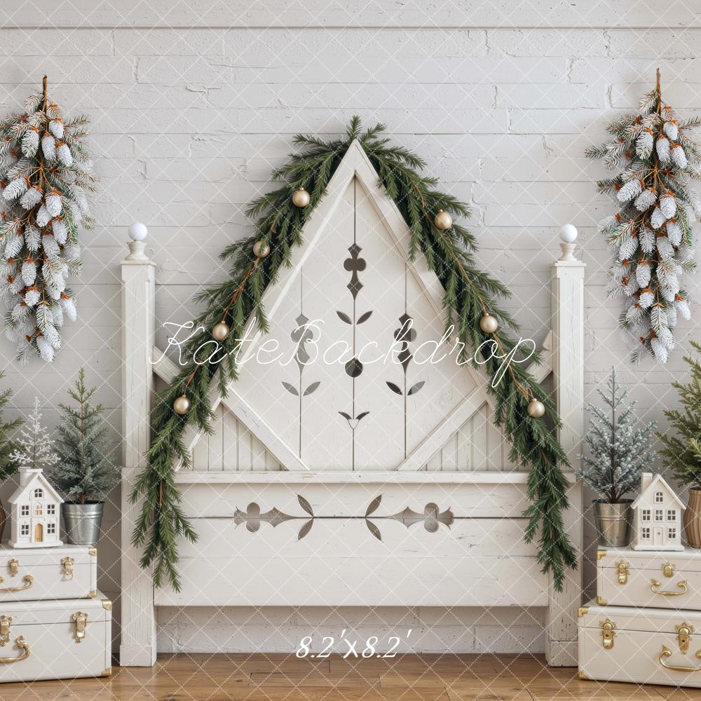 Kate Christmas Triangle Headboard Garland Frosted Trees Rustic White Printed Backdrop Designed by Mini MakeBelieve
