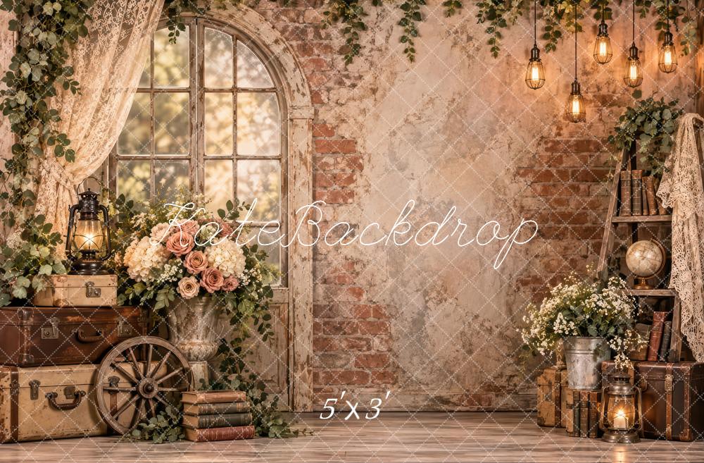 Kate Spring Vintage Brick Wall Arched Window Flowers Lanterns Printed Backdrop Designed by Laura Bybee