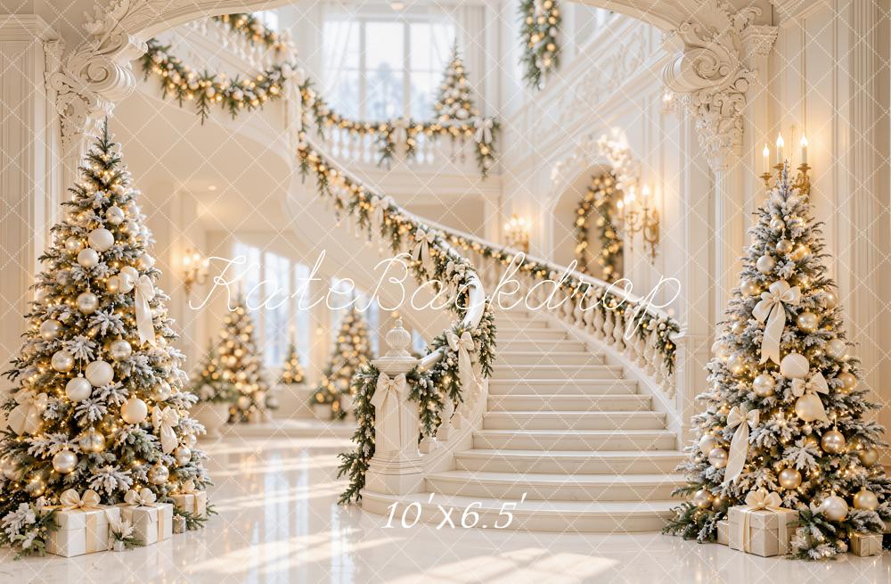 Kate Christmas Trees White Grand Staircase Garland Luxury Printed Backdrop Designed by Emetselch