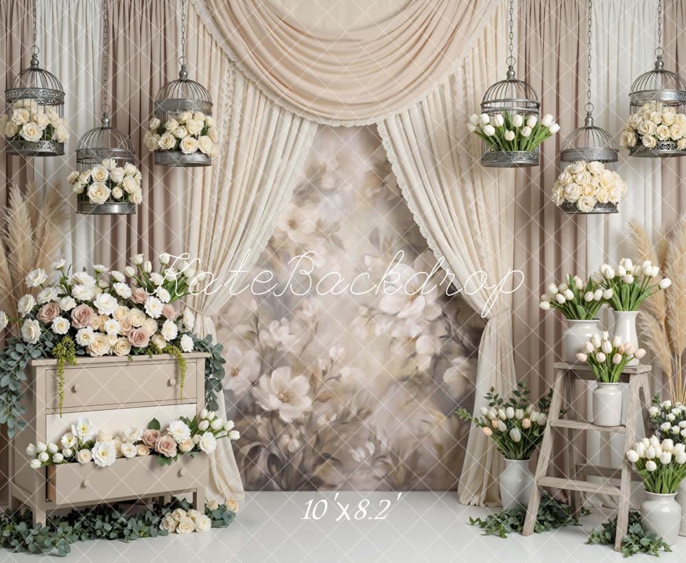 Kate Spring Floral Curtain Dresser Ladder Birdcage Beige Backdrop Designed by Mini MakeBelieve