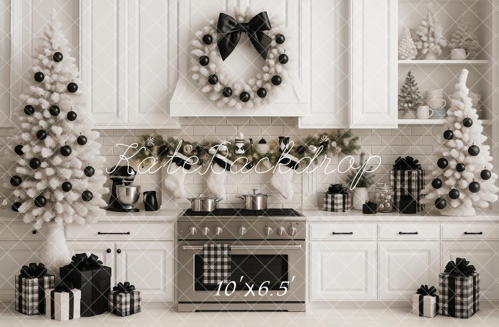 Kate Christmas Kitchen White Black Plaid Ornaments Trees Gifts Backdrop Designed by Ashley Paul