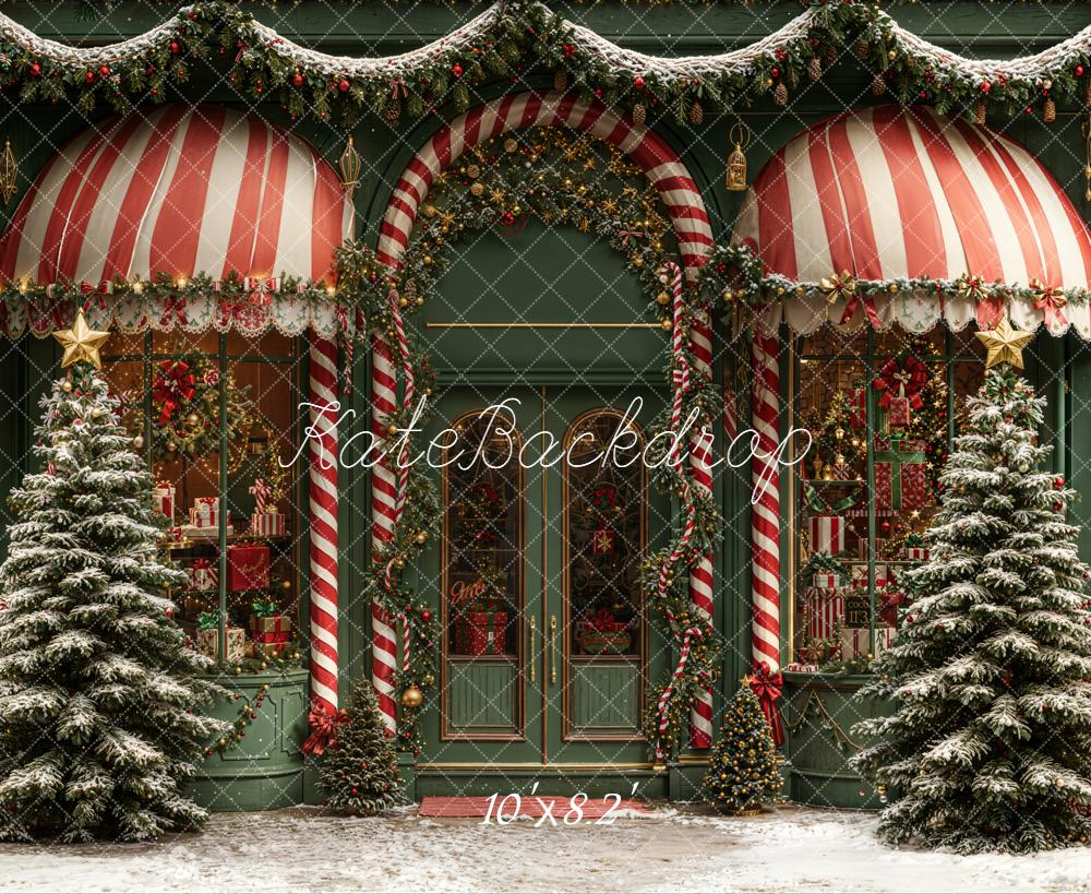 Kate Christmas Shop Candy Cane Striped Awning Snowy Trees Backdrop Designed by Emetselch