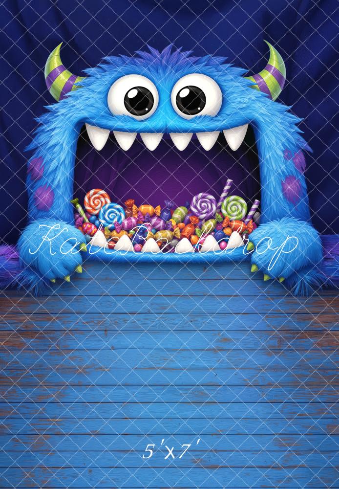 Kate Halloween Trunk or Treat Blue Furry Monster Candy Printed Backdrop Designed by Mini MakeBelieve