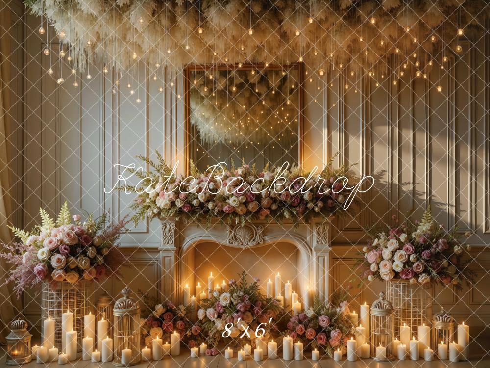 Kate Floral Fireplace Candles Mirror Hanging Lights Printed Backdrop Designed by Mini MakeBelieve