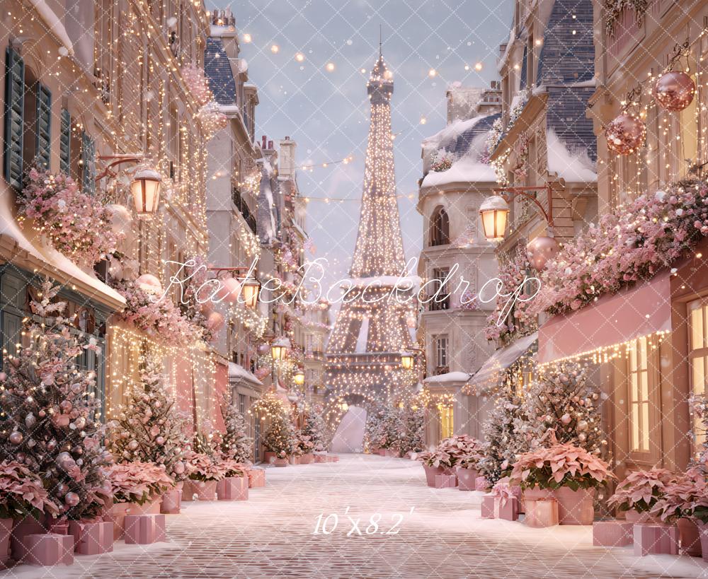 Kate Christmas Paris Eiffel Tower Pink Floral Snowy Street Backdrop Designed by Ashley Paul