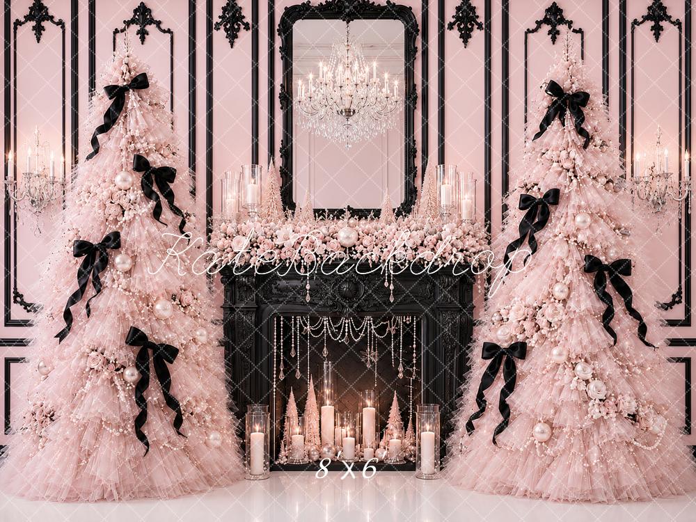 Kate Pink Fluffy Tulle Christmas Trees Black Fireplace Chandelier Printed Backdrop Designed by Ashley Paul