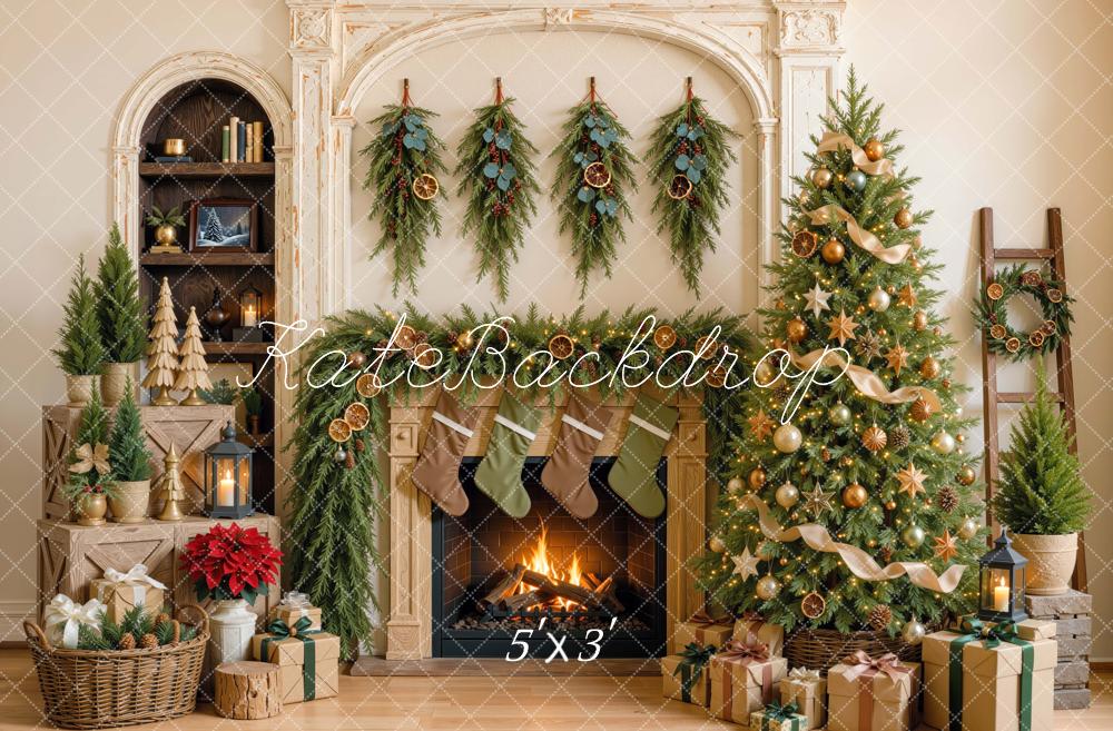 Kate Christmas Fireplace Tree Stockings Int Orange Peels Garland Printed Backdrop Designed by Mini MakeBelieve