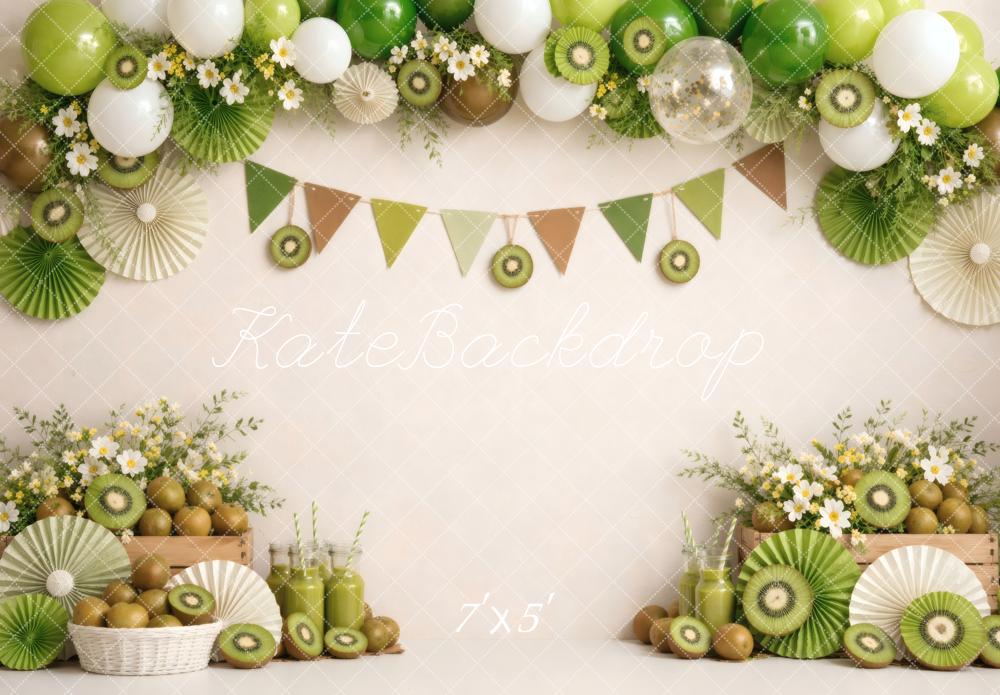 Kate Summer Party Fresh Kiwi Fruit Balloons Garland Green Flowers Printed Backdrop Designed by Vertigo Productions