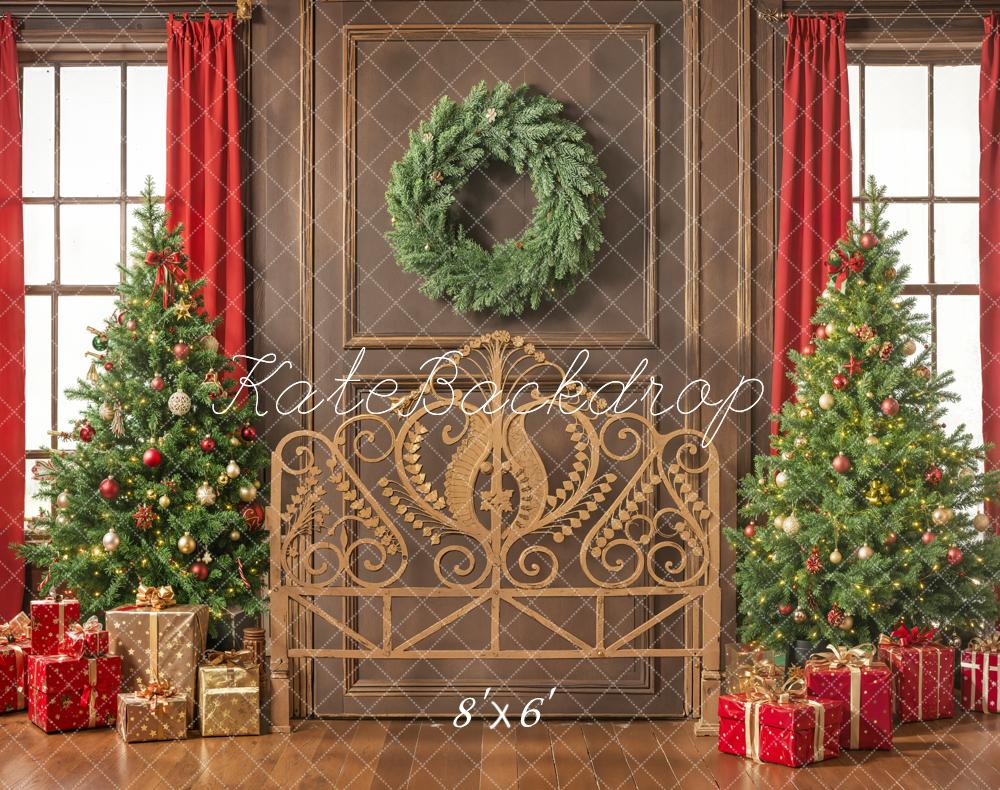 Kate Christmas Headboard Trees Wreath Gifts Red Curtains Printed Backdrop Designed by Emetselch