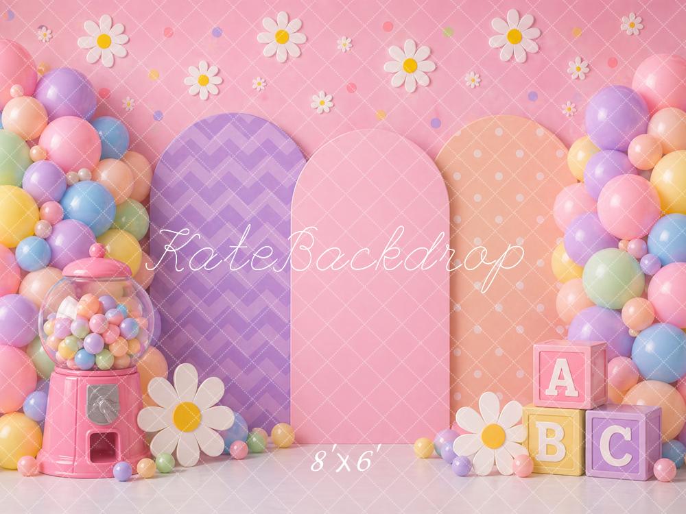 Kate Birthday Kids Balloons Bubblegum Machine Daisy Flowers ABC Blocks Printed Backdrop Designed by Caitlin Lynch