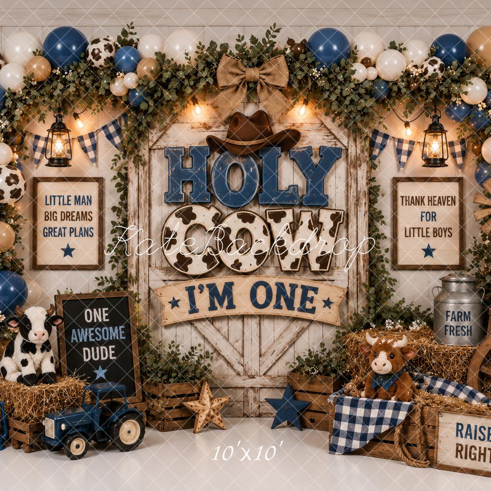 Kate Cake Smash Cowboy Farm First Birthday Balloons Blue Printed Backdrop Designed by Ashley Paul