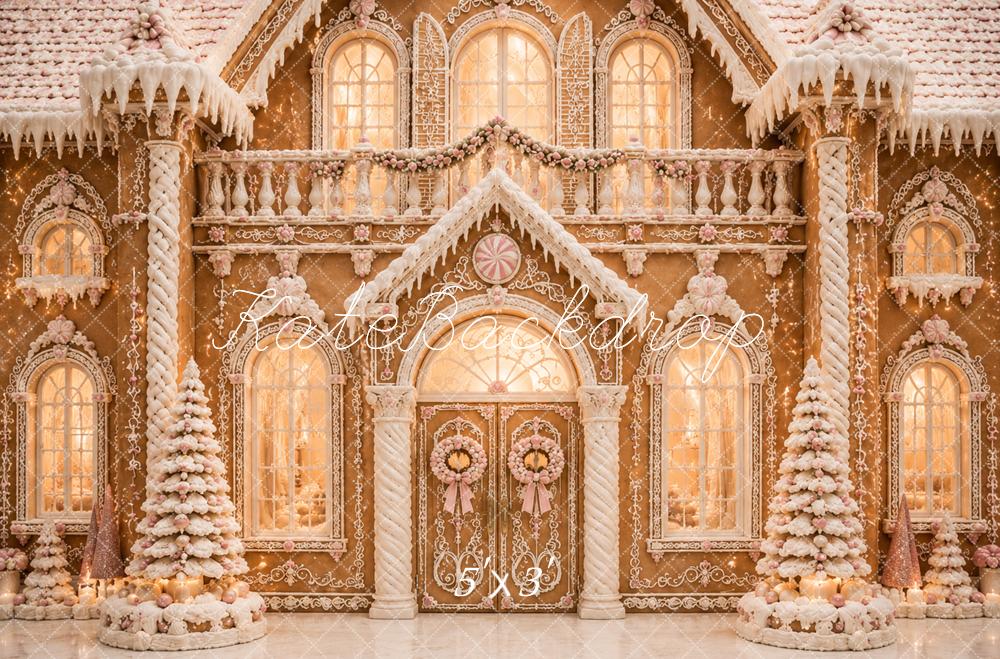 Kate Christmas Snowy Gingerbread Palace Printed Backdrop Designed by Caitlin Lynch