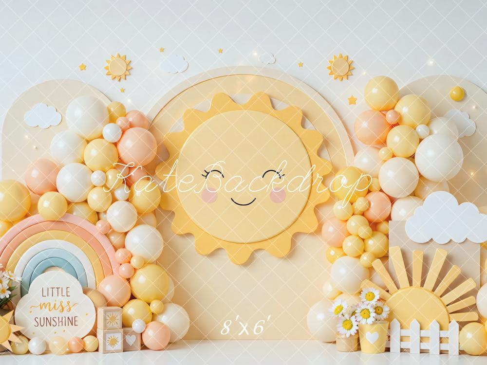 Kate Cake Smash Sunshine Rainbow Balloons Clouds Yellow Printed Backdrop Designed by Mini MakeBelieve