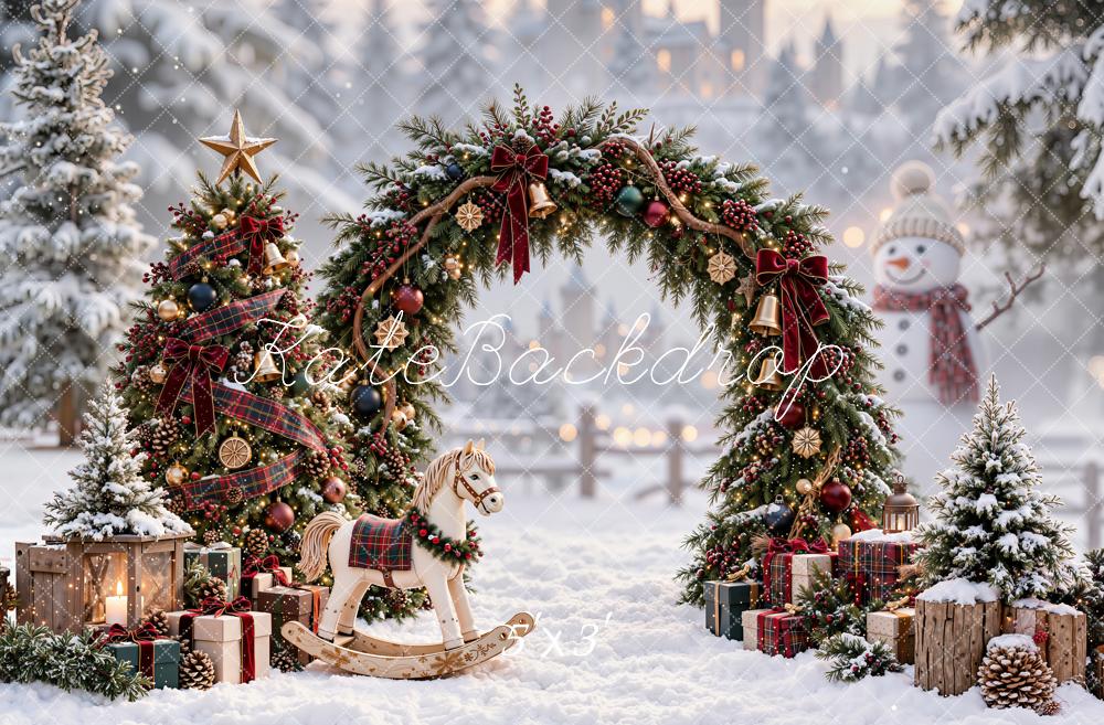 Kate Christmas Pine Arch Plaid Tree Rocking Horse Snowy Village Printed Backdrop Designed by Emetselch