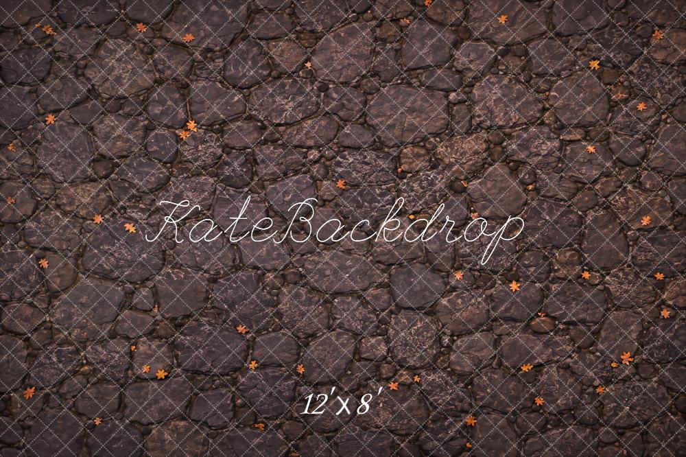 Kate Fall Dark Gray Cobblestone Fallen Leaves Floor Printed Backdrop Designed by Kate Image