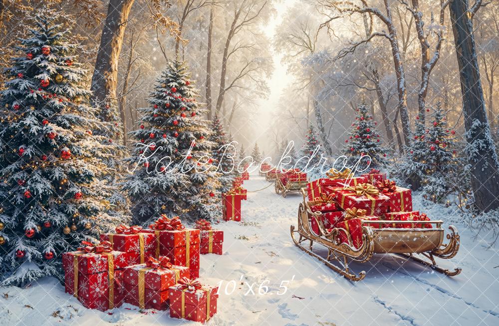 Kate Christmas Snowy Forest Red Sleigh Presents Backdrop Designed by Emetselch